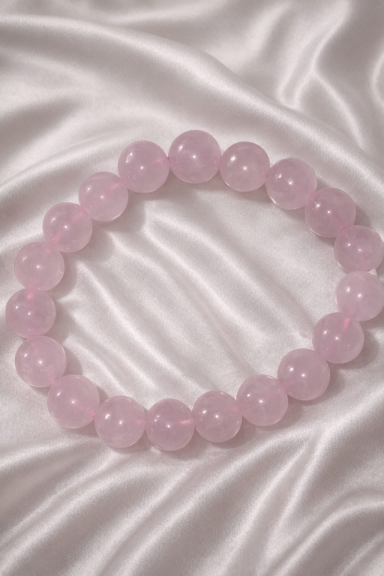  quartz rose poli, posé sur un fond doux et lumineux, symbolisant l’amour, la tendresse et l’énergie apaisante du chakra du cœur.